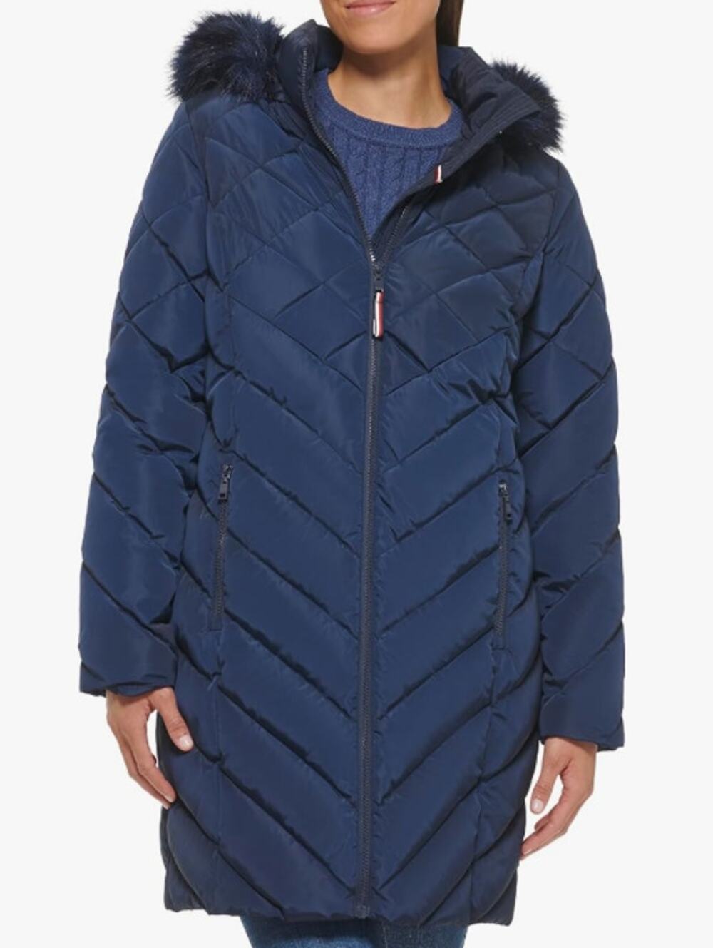 Tommy Hilfiger Faux Fur Trimmed Hood Long Puffer Jacket Navy Medium NWOT